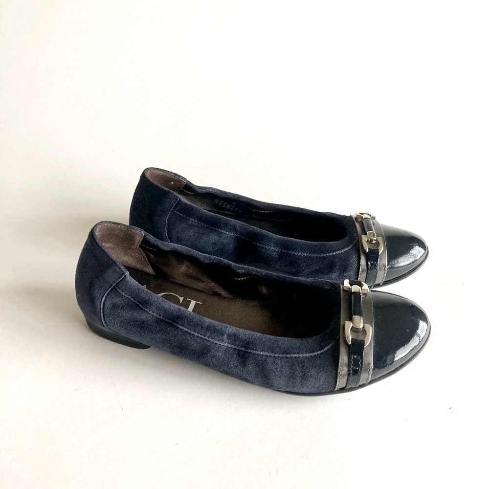 AGL Navy Suede Genuine Leather Black Cap Toe Flats Loafers size EUR 6.5, US 6
